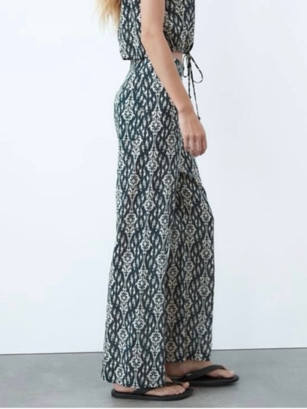 Zara Navy and Cream Abstract-Print Wide-Leg Pants